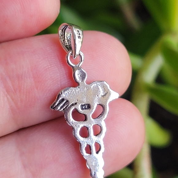 New Solid 925 Sterling Silver Simple Caduceus Staff of Hermes Pendant - Picture 6 of 6